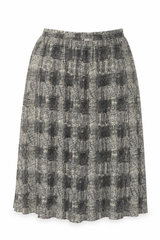 Front view of Bonmarché women’s beige geometric polyester swing skirt, size UK 14