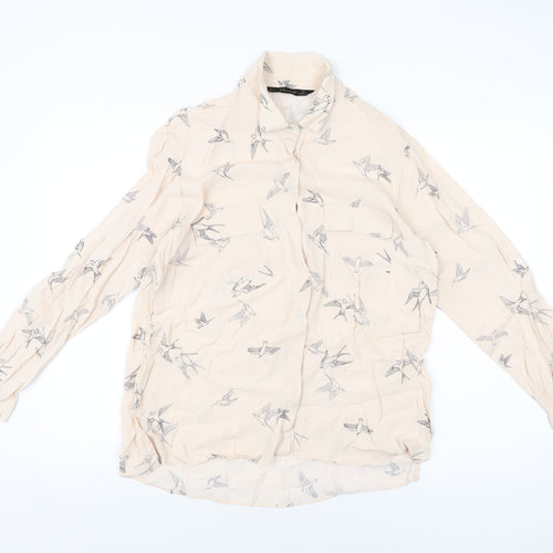Zara Womens Pink Geometric Viscose Basic Button-Up Size L Collared - Bird Print