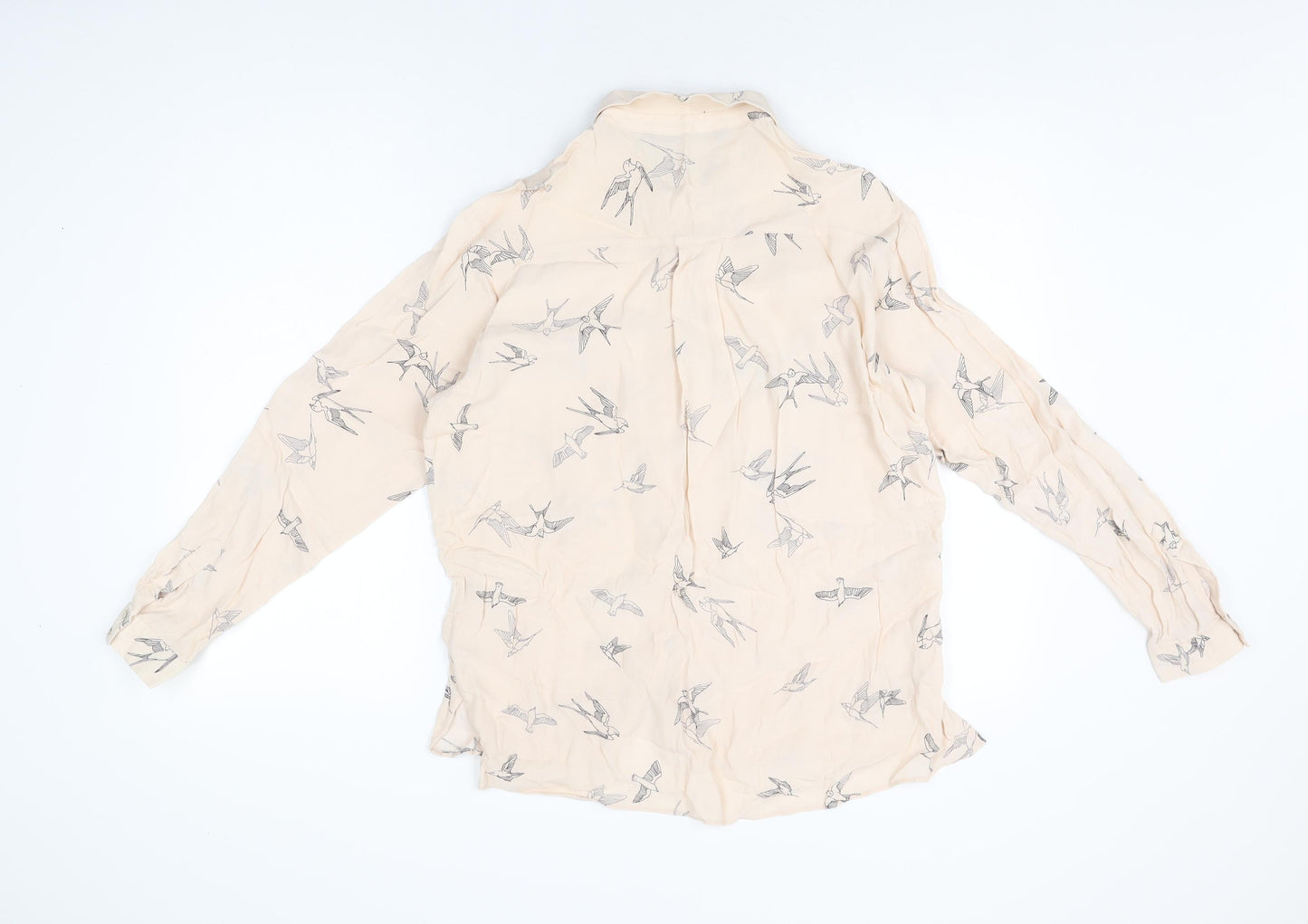 Zara Womens Pink Geometric Viscose Basic Button-Up Size L Collared - Bird Print