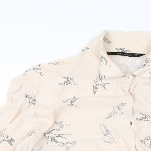 Zara Womens Pink Geometric Viscose Basic Button-Up Size L Collared - Bird Print