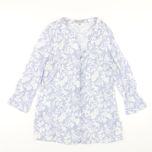 ERFO Womens Blue Geometric Cotton Basic Button-Up Size 10 V-Neck