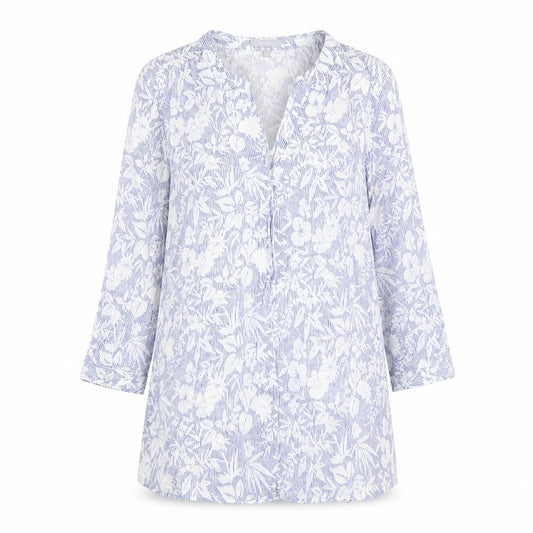 Front view of ERFO women’s blue geometric cotton basic button-up, size UK 10, v-neck