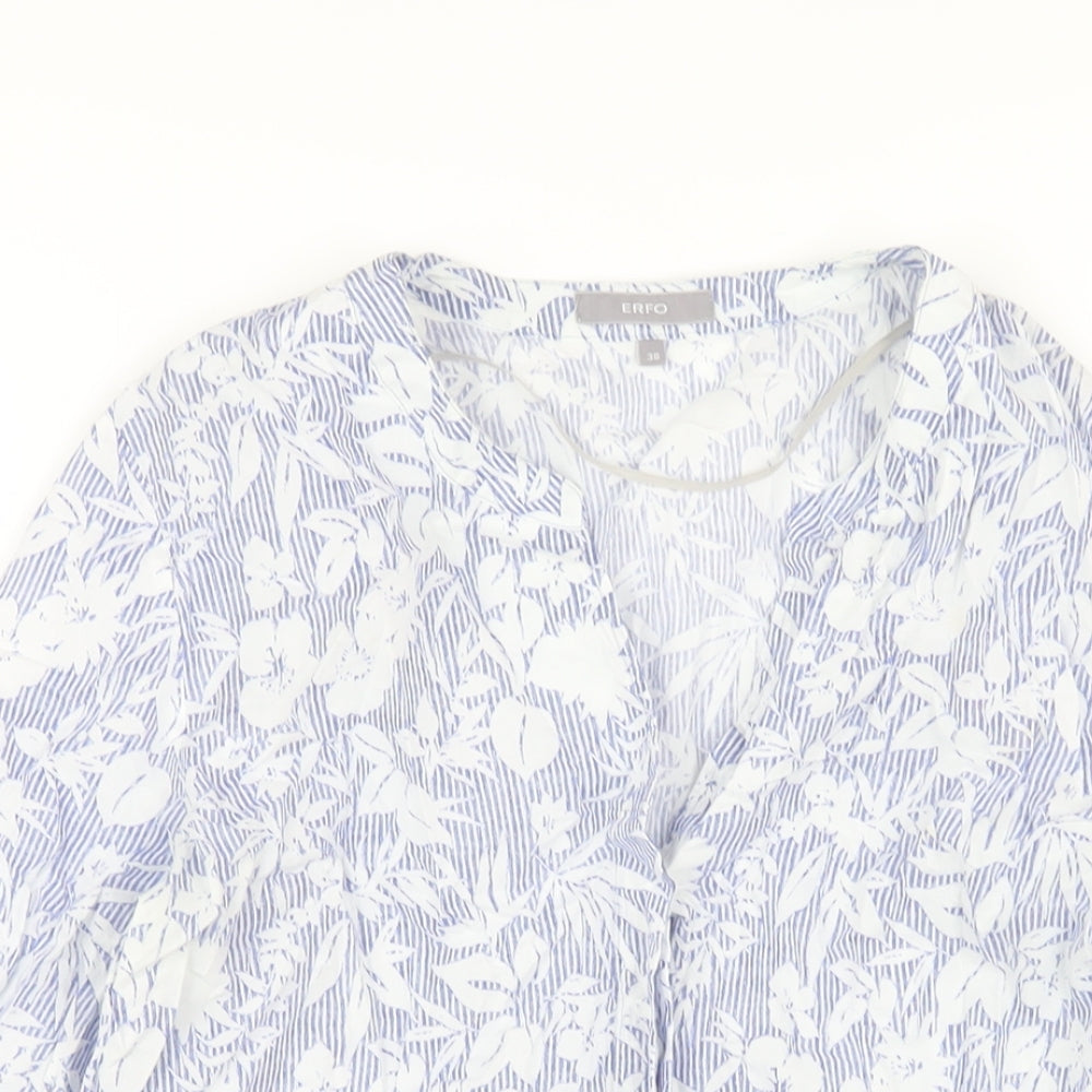 ERFO Womens Blue Geometric Cotton Basic Button-Up Size 10 V-Neck