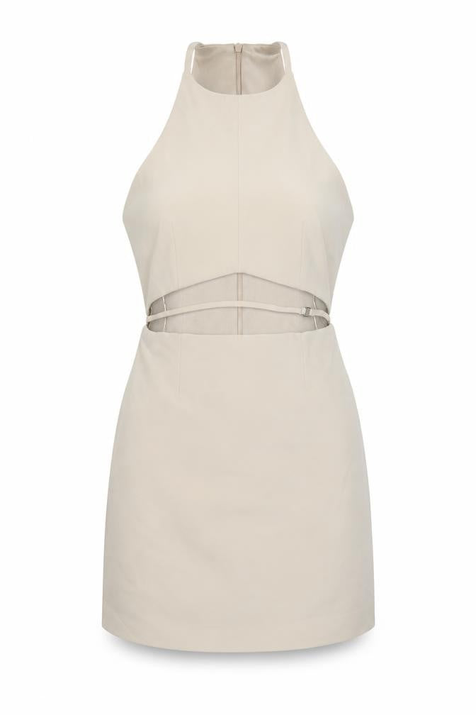 Front view of Zara women’s beige polyester mini, size XS, round neck zip
