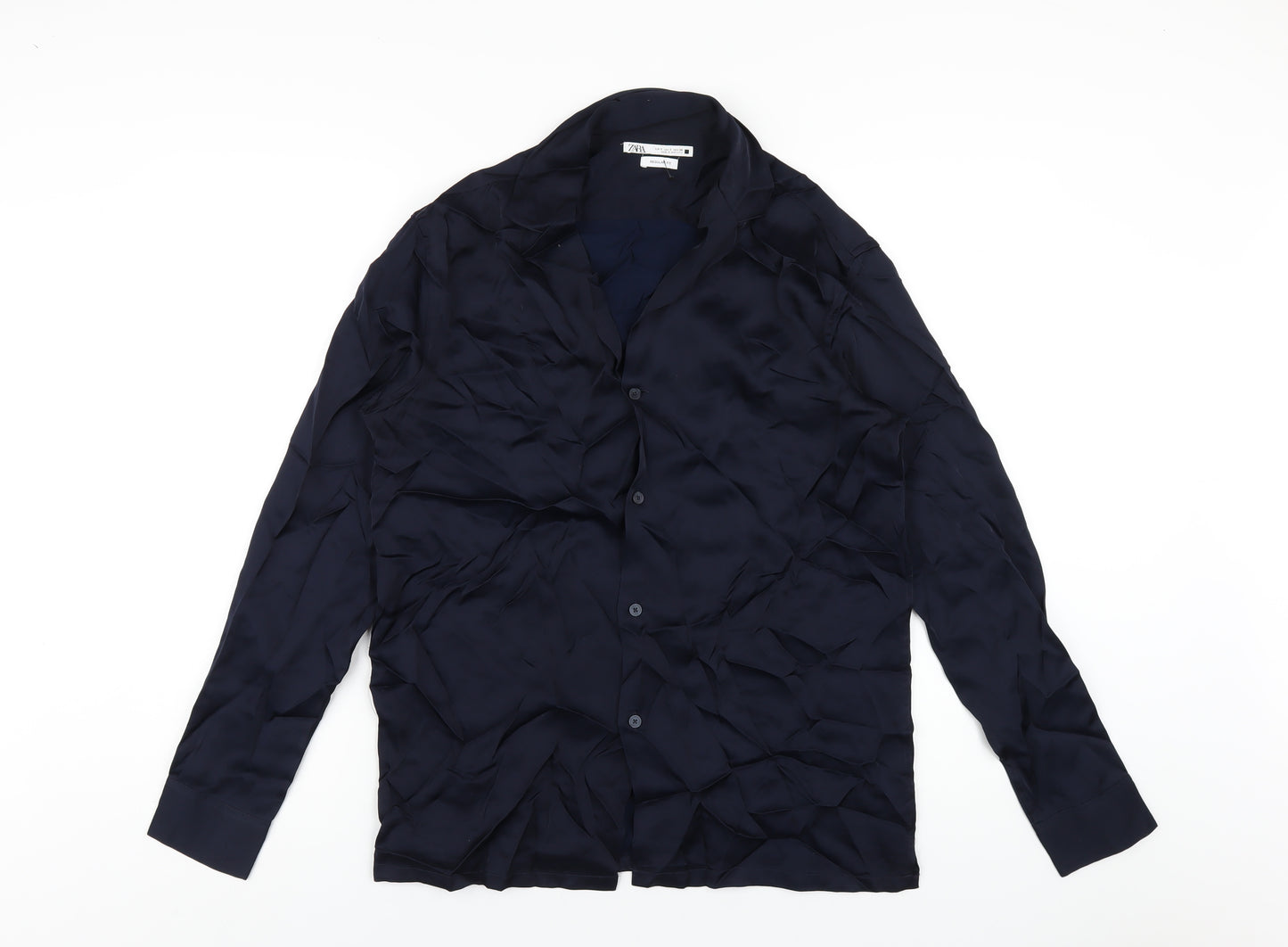 Zara Mens Blue Polyester Button-Up Size S Collared Button