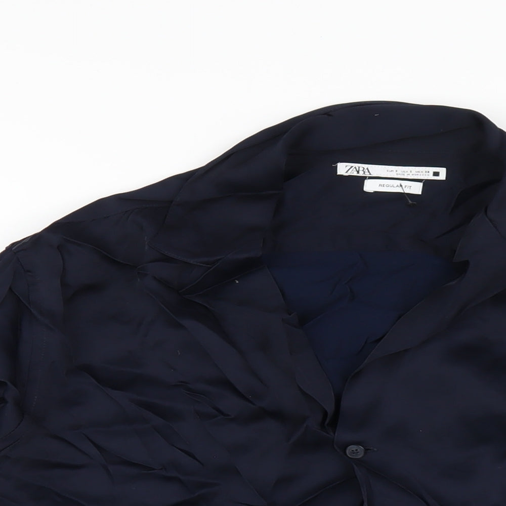 Zara Mens Blue Polyester Button-Up Size S Collared Button