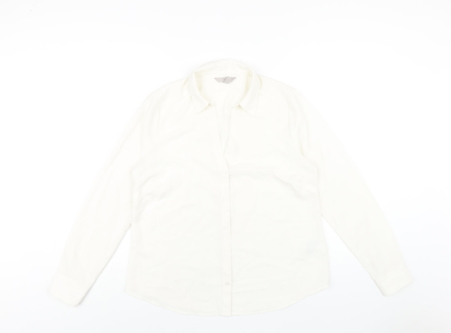 H&M Womens White Polyester Basic Button-Up Size 14 Collared