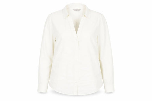 Front view of H&M women’s white polyester basic button-up, size UK 14, collared