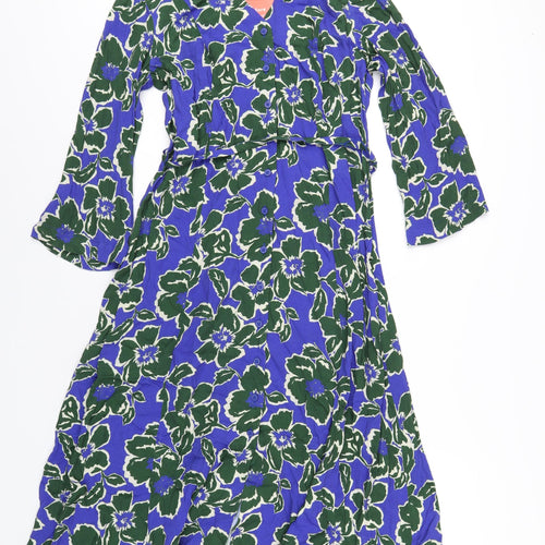 Finery Womens Blue Geometric Viscose A-Line Size 10 V-Neck Button