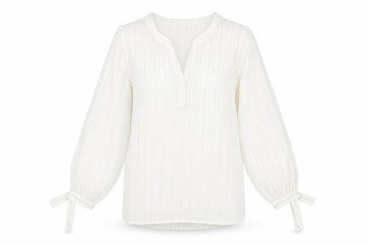Front view of Next women’s white striped polyester basic blouse, size UK 12, v-neck