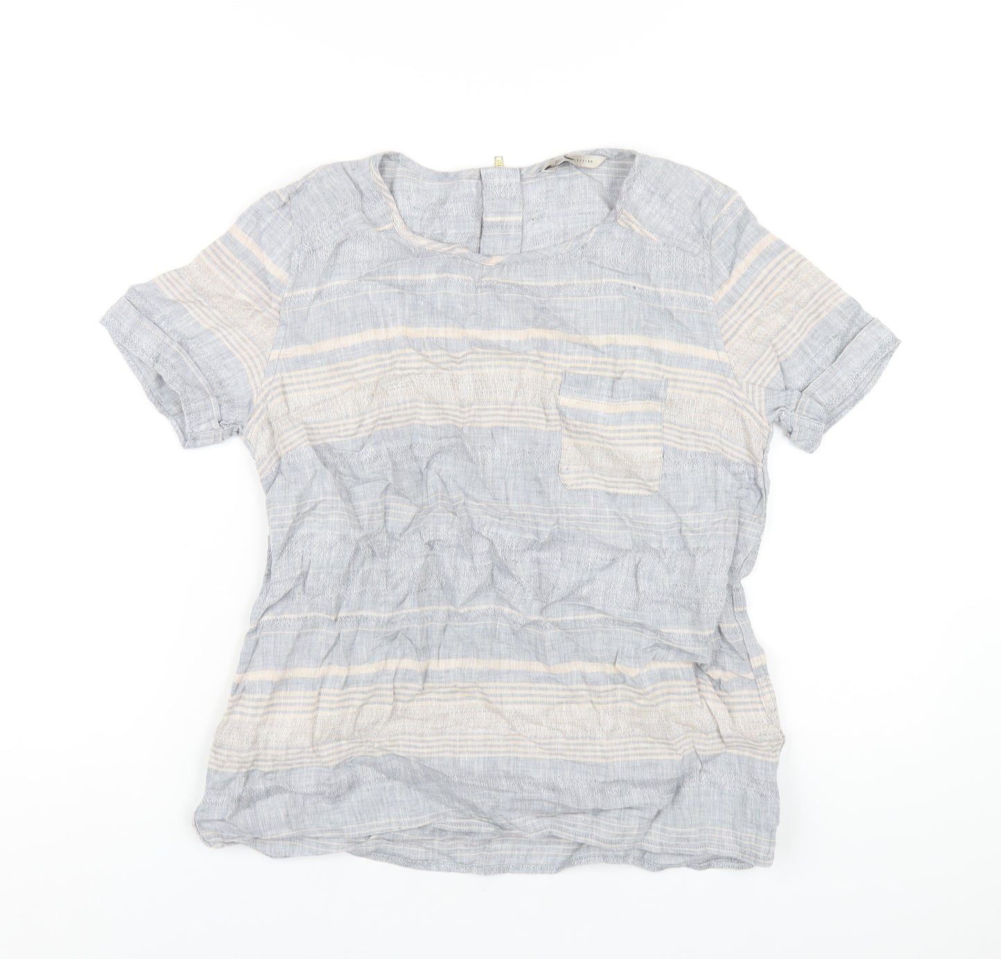 Marks and Spencer Womens Blue Striped Linen Basic T-Shirt Size 10 Round Neck
