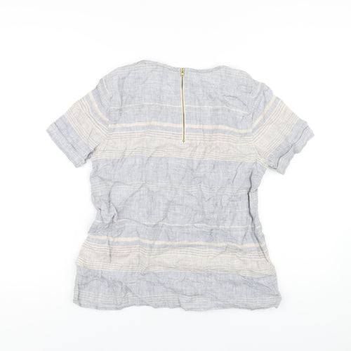 Marks and Spencer Womens Blue Striped Linen Basic T-Shirt Size 10 Round Neck