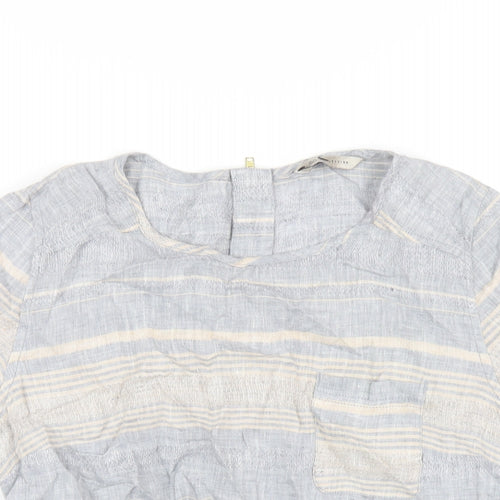 Marks and Spencer Womens Blue Striped Linen Basic T-Shirt Size 10 Round Neck