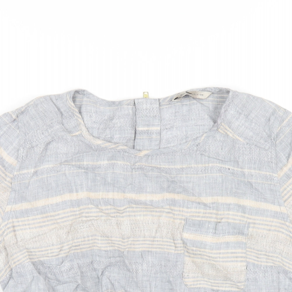 Marks and Spencer Womens Blue Striped Linen Basic T-Shirt Size 10 Round Neck