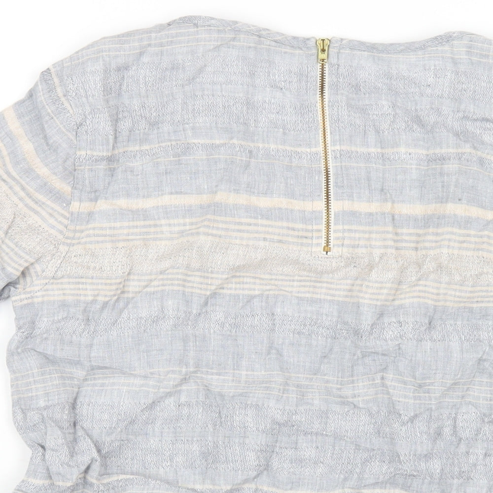 Marks and Spencer Womens Blue Striped Linen Basic T-Shirt Size 10 Round Neck