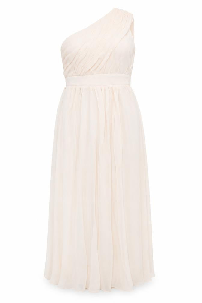 Front view of Little Misstress women’s beige polyester maxi, size UK 14, one shoulder zip