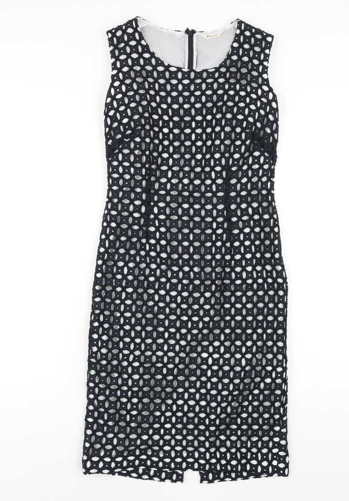 Precis Womens Black Geometric Cotton Pencil Dress Size 6 Round Neck Zip