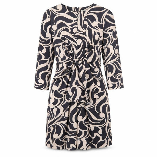 Front view of H&M women’s black geometric polyester a-line, size UK 8, round neck zip