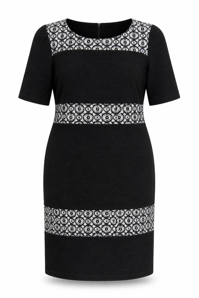 Front view of Per Una women’s black polyester pencil dress, size UK 16, roll neck zip
