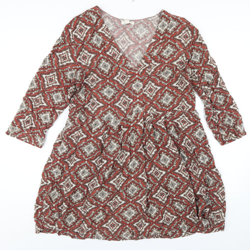 H&M Womens Orange Geometric Viscose A-Line Size 12 V-Neck Pullover