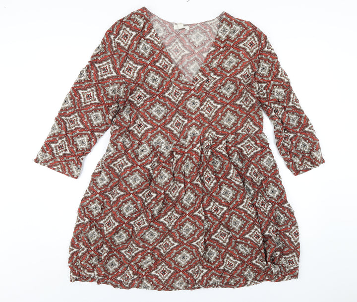 H&M Womens Orange Geometric Viscose A-Line Size 12 V-Neck Pullover