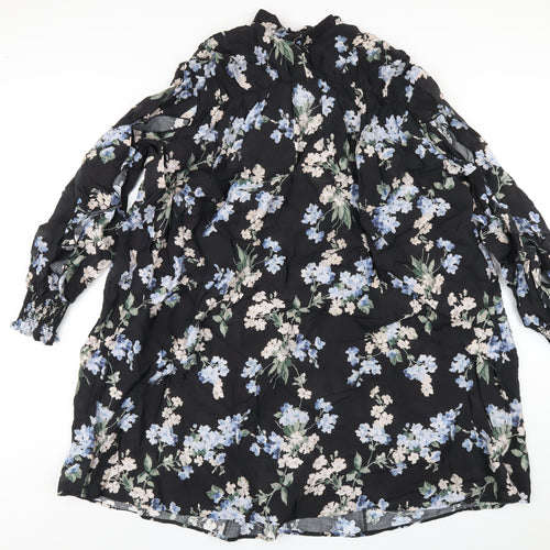 H&M Womens Black Floral Viscose Trapeze & Swing Size L Mock Neck Tie