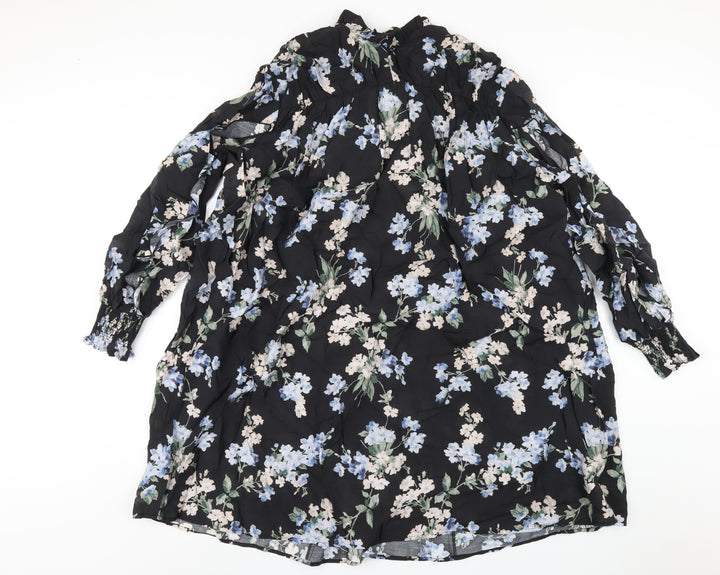 H&M Womens Black Floral Viscose Trapeze & Swing Size L Mock Neck Tie