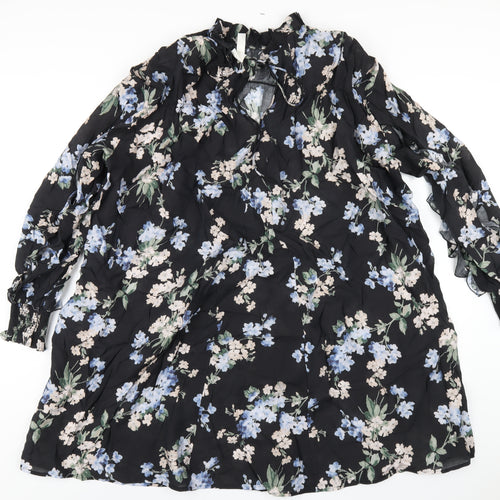 H&M Womens Black Floral Viscose Trapeze & Swing Size L Mock Neck Tie
