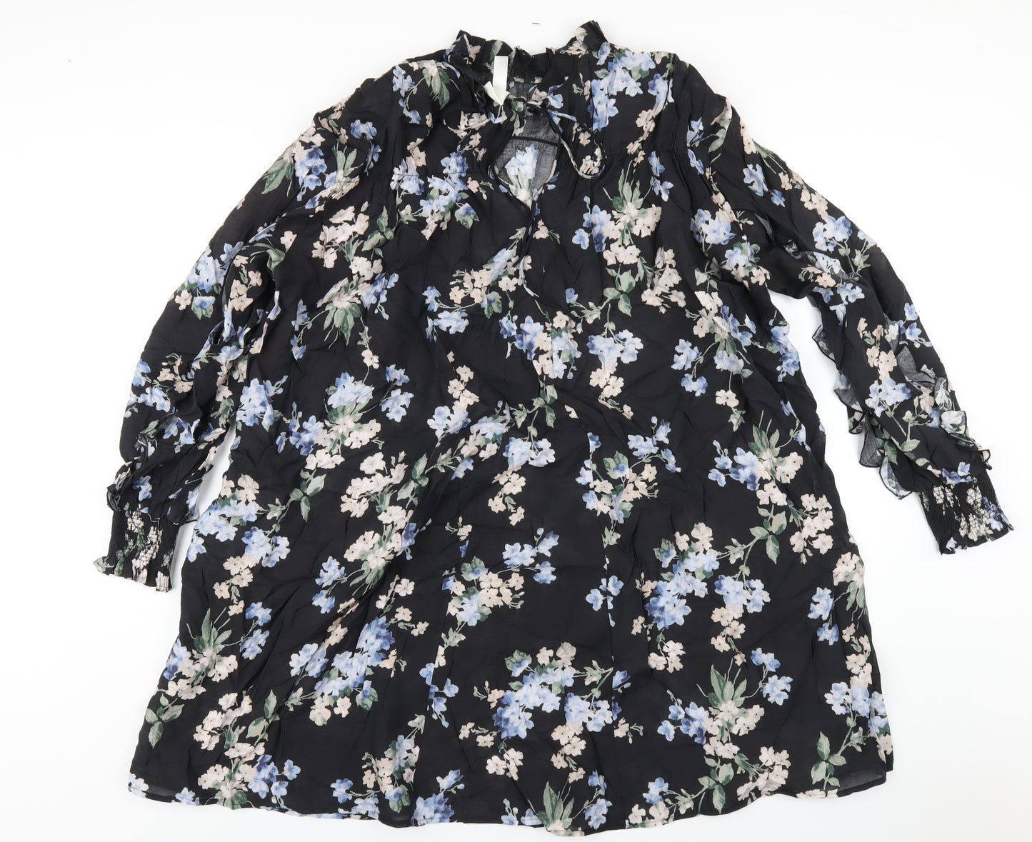 H&M Womens Black Floral Viscose Trapeze & Swing Size L Mock Neck Tie