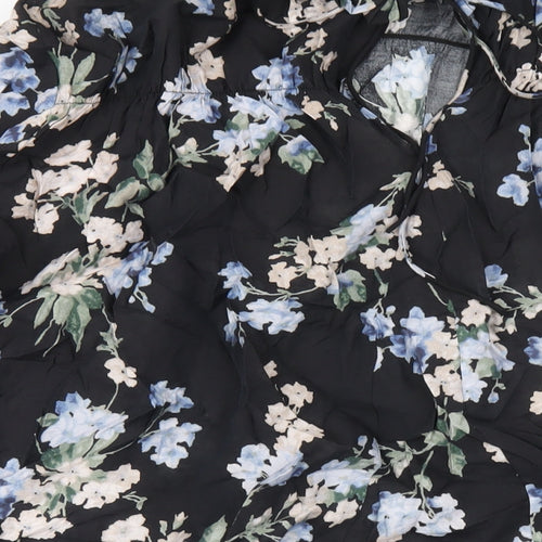 H&M Womens Black Floral Viscose Trapeze & Swing Size L Mock Neck Tie