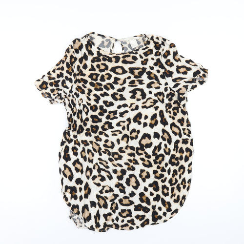 H&M Womens Brown Animal Print Viscose Basic T-Shirt Size 10 Round Neck - Leopard Print