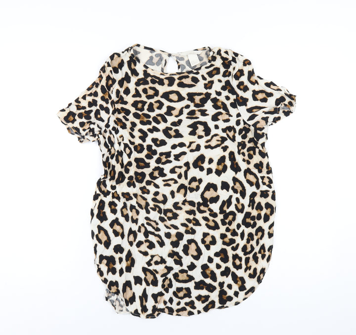 H&M Womens Brown Animal Print Viscose Basic T-Shirt Size 10 Round Neck - Leopard Print