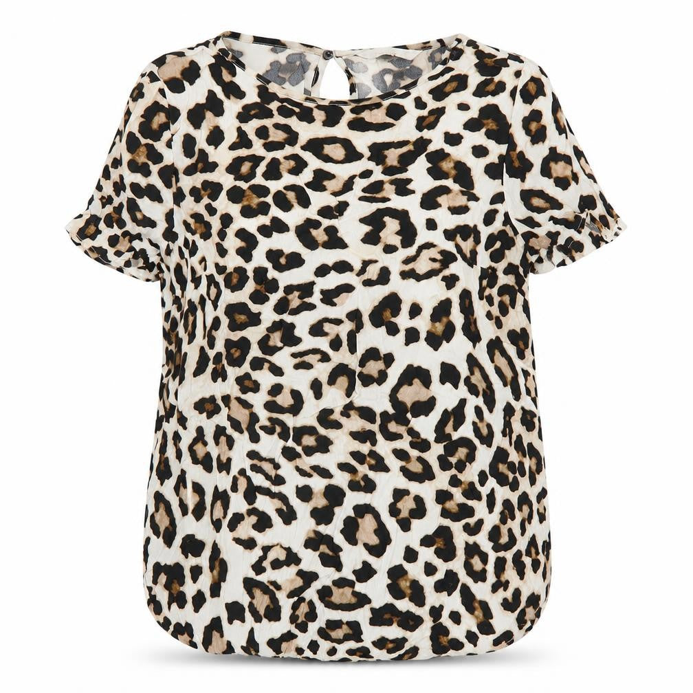 Front view of H&M women’s brown animal print viscose basic t-shirt, size UK 10, round neck - leopard print