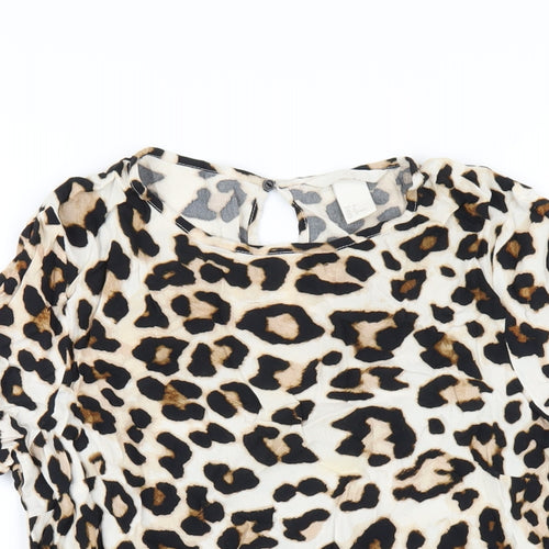 H&M Womens Brown Animal Print Viscose Basic T-Shirt Size 10 Round Neck - Leopard Print