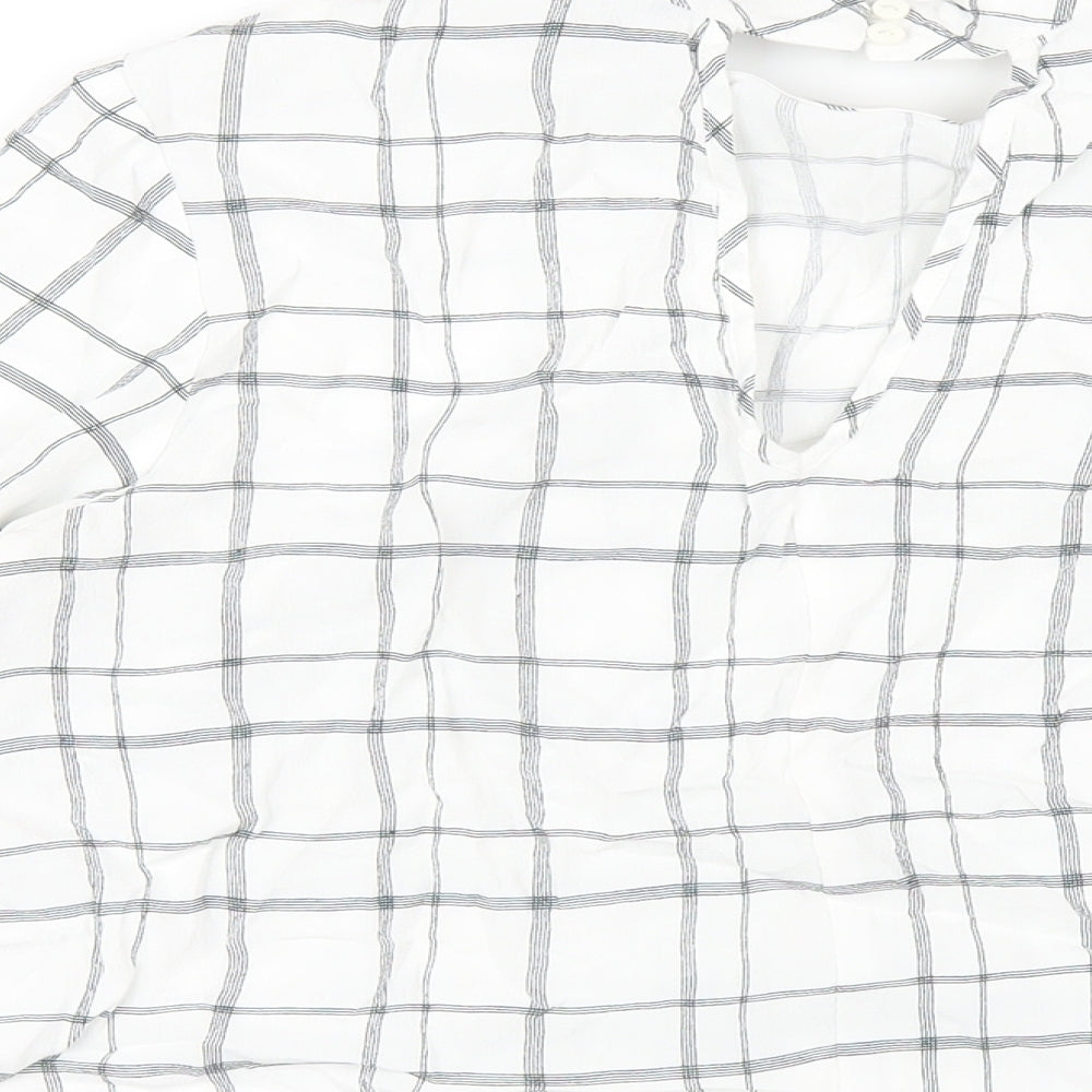 Marks and Spencer Womens White Check Viscose Basic T-Shirt Size 14 Round Neck