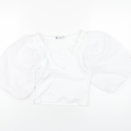 Zara Womens White Polyester Cropped T-Shirt Size M V-Neck