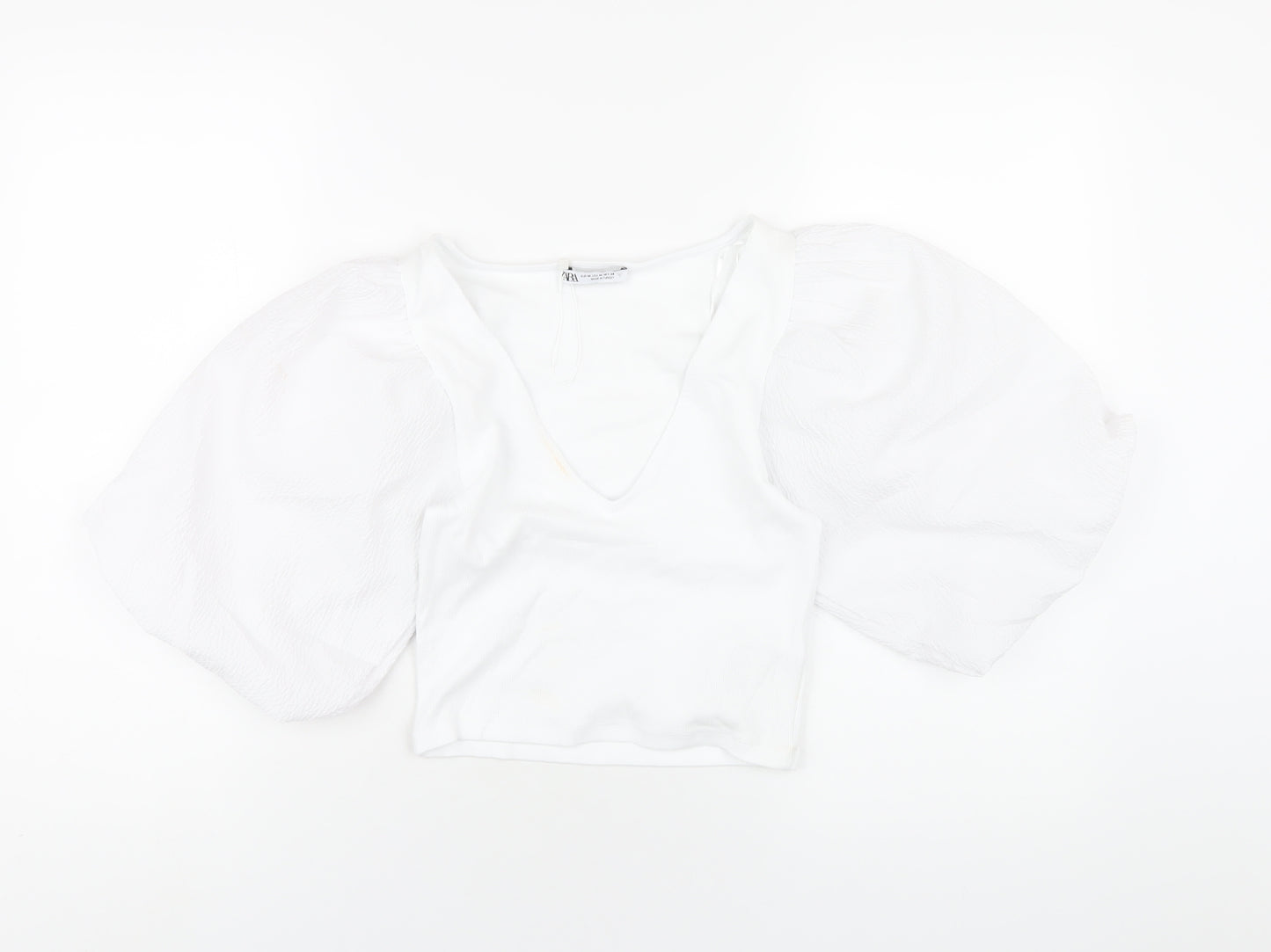 Zara Womens White Polyester Cropped T-Shirt Size M V-Neck
