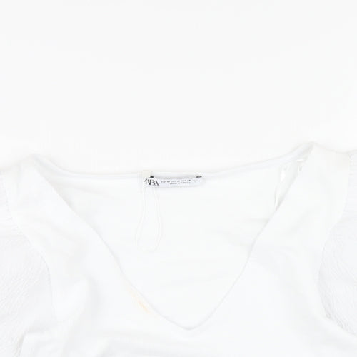Zara Womens White Polyester Cropped T-Shirt Size M V-Neck