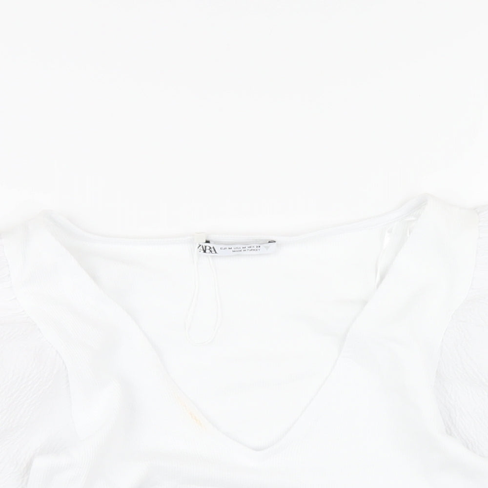 Zara Womens White Polyester Cropped T-Shirt Size M V-Neck