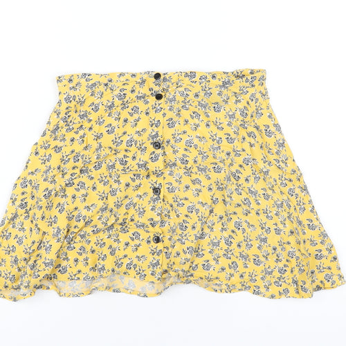 H&M Womens Yellow Floral Viscose A-Line Skirt Size 8 Button