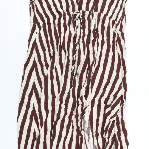 Mango Womens Brown Striped Viscose A-Line Size 2XL V-Neck Pullover