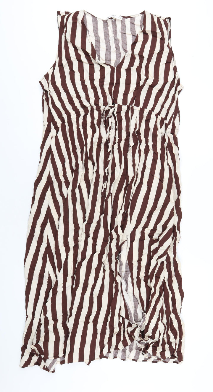 Mango Womens Brown Striped Viscose A-Line Size 2XL V-Neck Pullover