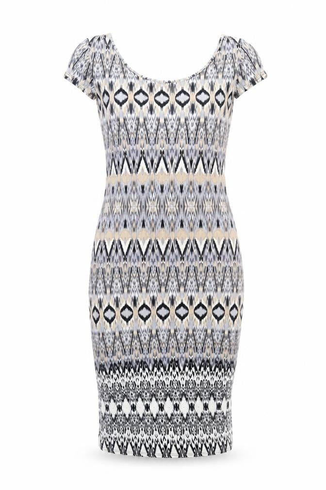 Front view of Wallis women’s multicoloured geometric viscose bodycon, size M, scoop neck pullover