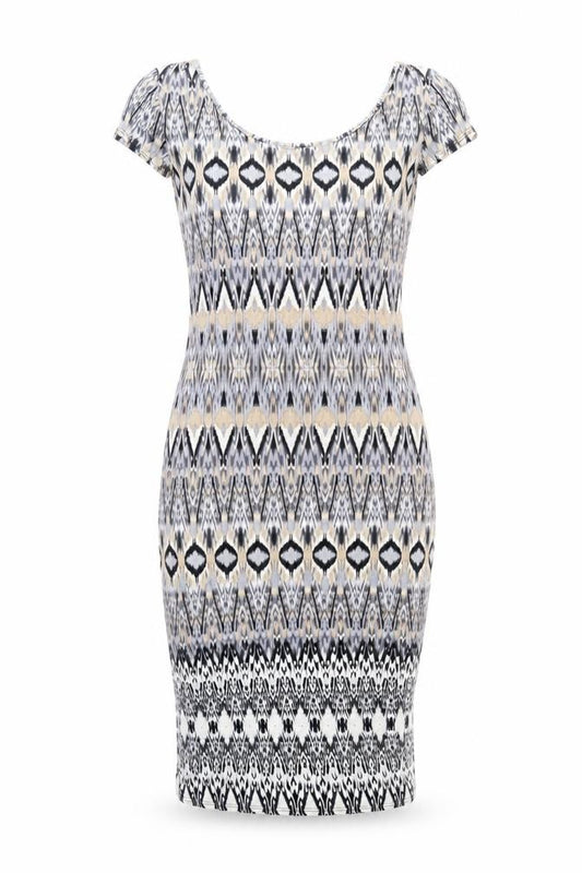 Front view of Wallis women’s multicoloured geometric viscose bodycon, size M, scoop neck pullover