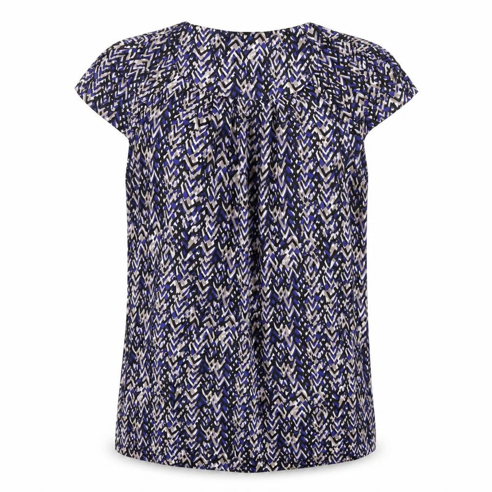 Front view of Debenhams women’s blue geometric polyester basic t-shirt, size UK 10, round neck