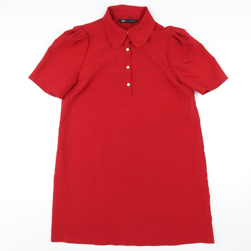 Zara Womens Red Polyester A-Line Size L Collared Button