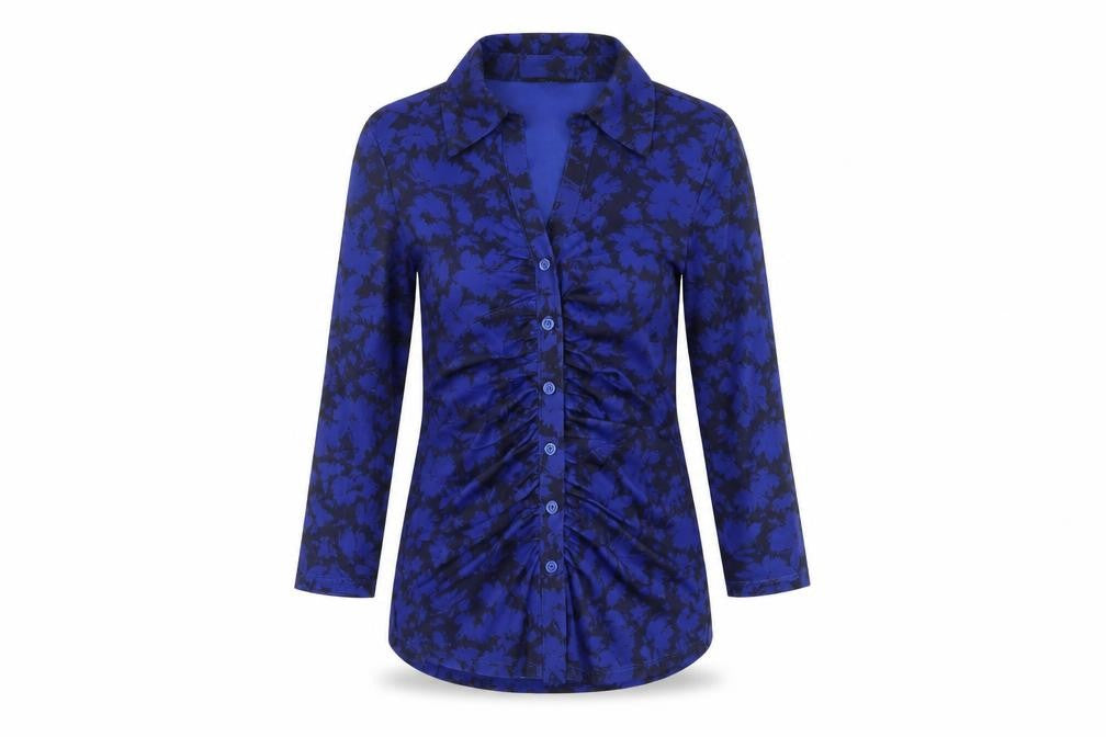 Cable & Gauge Womens Blue Geometric Polyester Basic Button-Up Size XS Collared