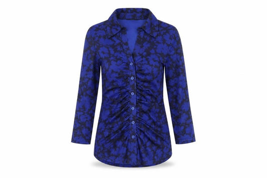 Front view of Cable & Gauge women’s blue geometric polyester basic button-up, size XS, collared