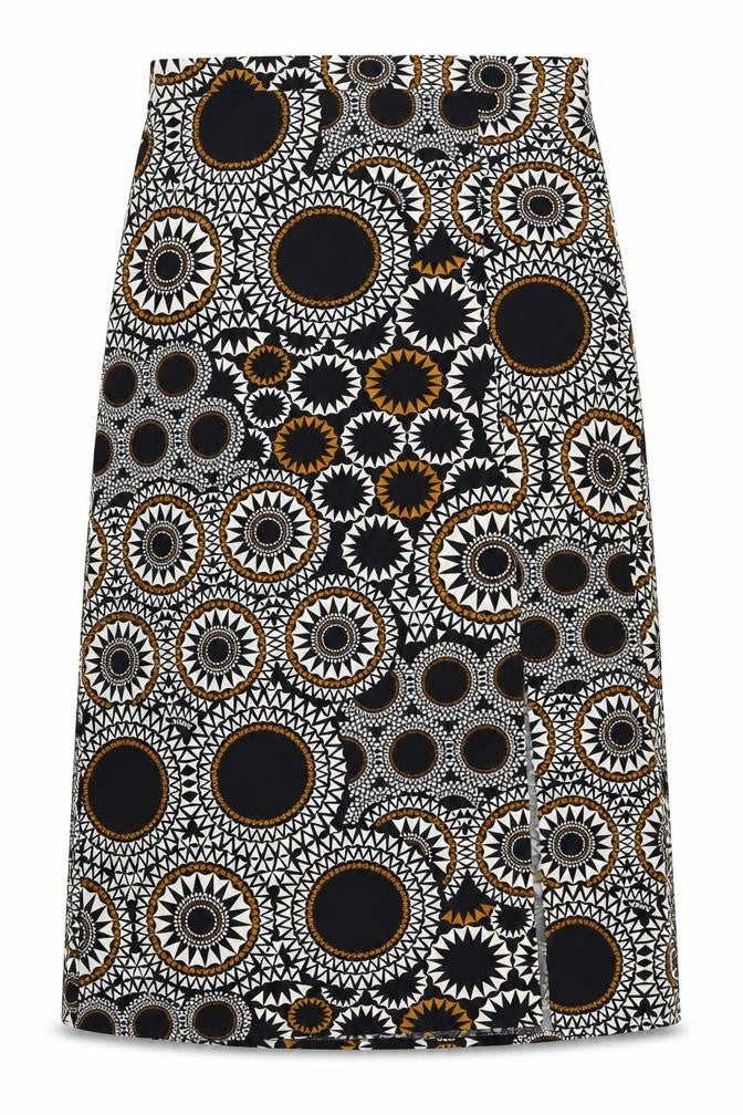 Front view of M&Co women’s multicoloured geometric polyester a-line skirt, size UK 14