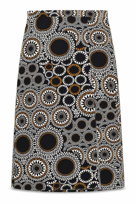 Front view of M&Co women’s multicoloured geometric polyester a-line skirt, size UK 14